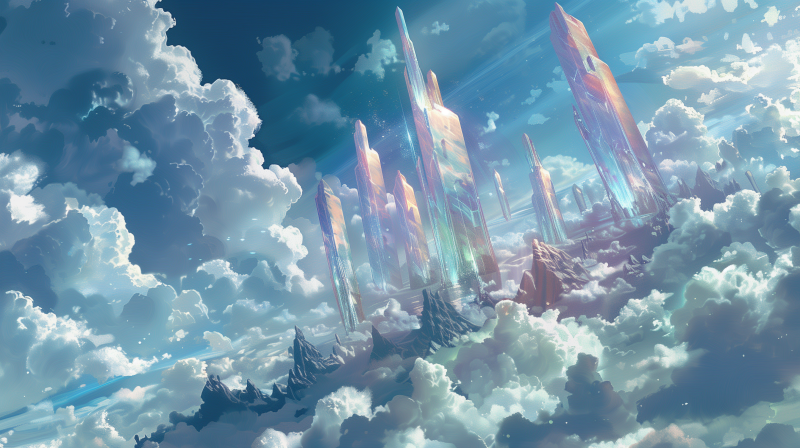 A fantasy illustration featuring towering crystals emerging from clouds with a backdrop of a blue sky.