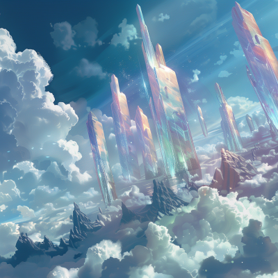 A fantasy illustration featuring towering crystals emerging from clouds with a backdrop of a blue sky.