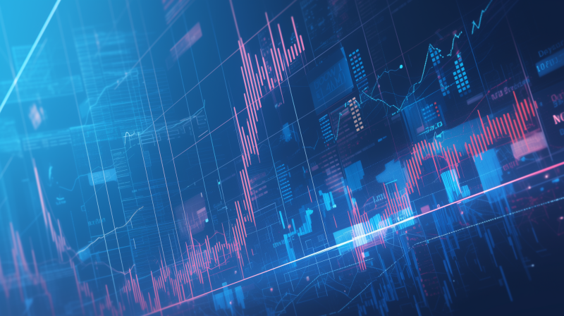 A digital stock chart showing various financial data with upward and downward trends represented by red and blue bars and lines against a dark background.