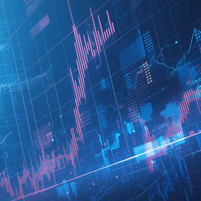 A digital stock chart showing various financial data with upward and downward trends represented by red and blue bars and lines against a dark background.