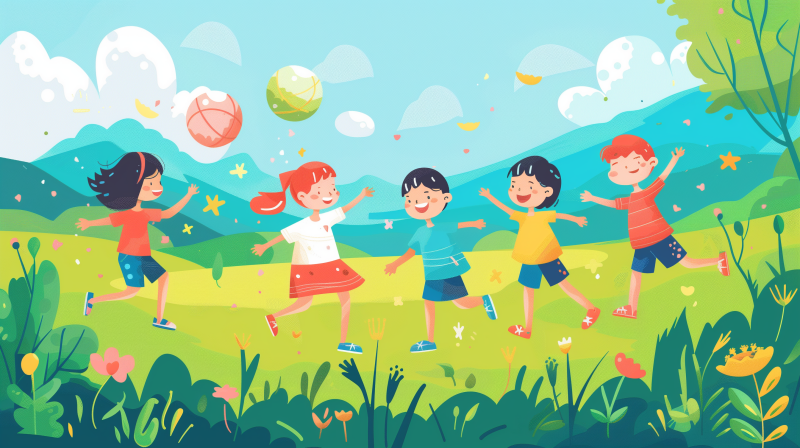 Illustration of happy children playing together in a sunny, grassy field with balls and kites in the air.