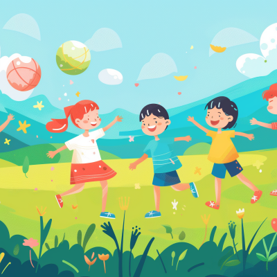 Illustration of happy children playing together in a sunny, grassy field with balls and kites in the air.