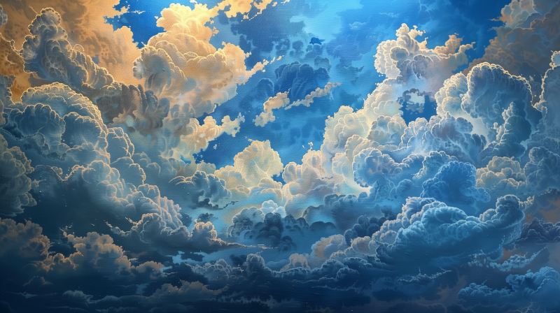 A vibrant painting of a sky filled with fluffy clouds illuminated in shades of gold and blue, depicting a dynamic and dramatic atmosphere.