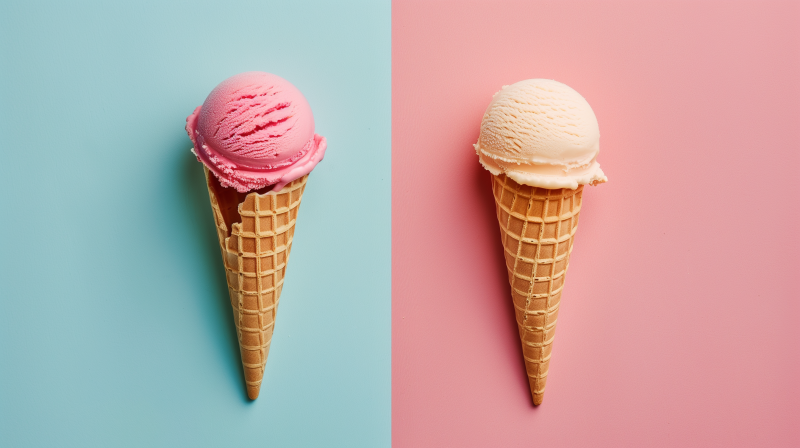 Two ice cream cones with one scoop each, with pink ice cream on a blue background and white ice cream on a pink background.