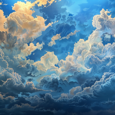 A vibrant painting of a sky filled with fluffy clouds illuminated in shades of gold and blue, depicting a dynamic and dramatic atmosphere.