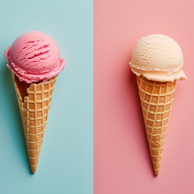 Two ice cream cones with one scoop each, with pink ice cream on a blue background and white ice cream on a pink background.