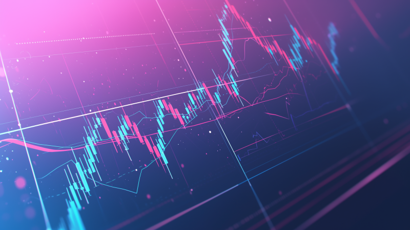 A vibrant stock chart graphic with fluctuating lines and bars, indicating trading activity on a market exchange.