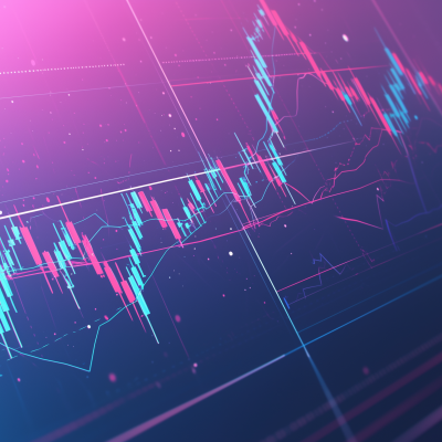 A vibrant stock chart graphic with fluctuating lines and bars, indicating trading activity on a market exchange.