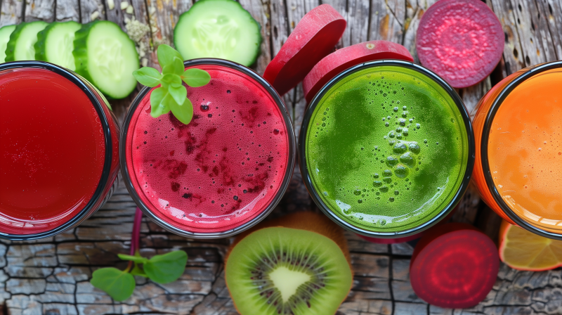 Two jars of fresh smoothies on a wooden surface, one with red juice and the other with green, surrounded by ingredients like beetroot, cucumber, and kiwi, suggesting a healthy beverage choice.