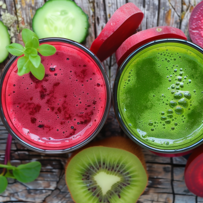 Two jars of fresh smoothies on a wooden surface, one with red juice and the other with green, surrounded by ingredients like beetroot, cucumber, and kiwi, suggesting a healthy beverage choice.