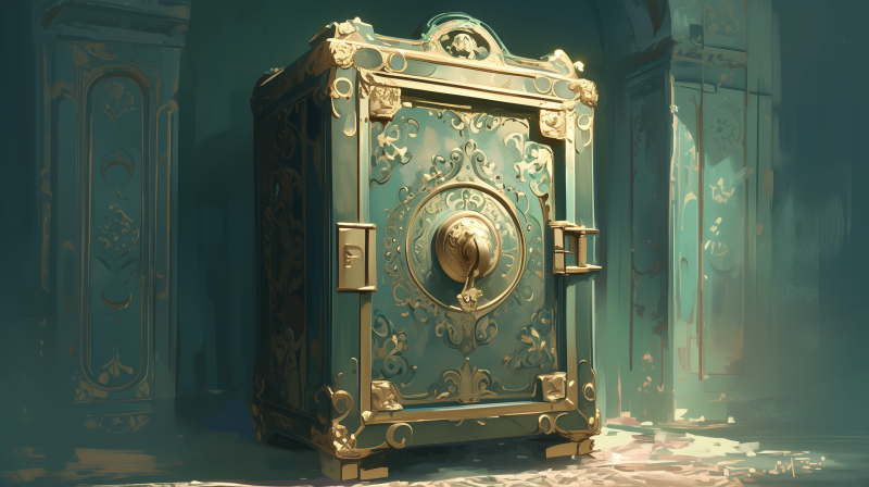 An ornate, antique safe with intricate gold filigree work on a teal background, bathed in soft light.