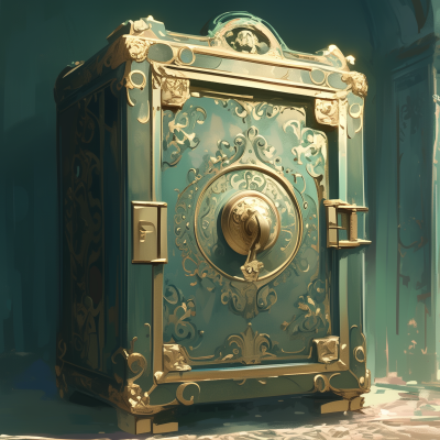 An ornate, antique safe with intricate gold filigree work on a teal background, bathed in soft light.