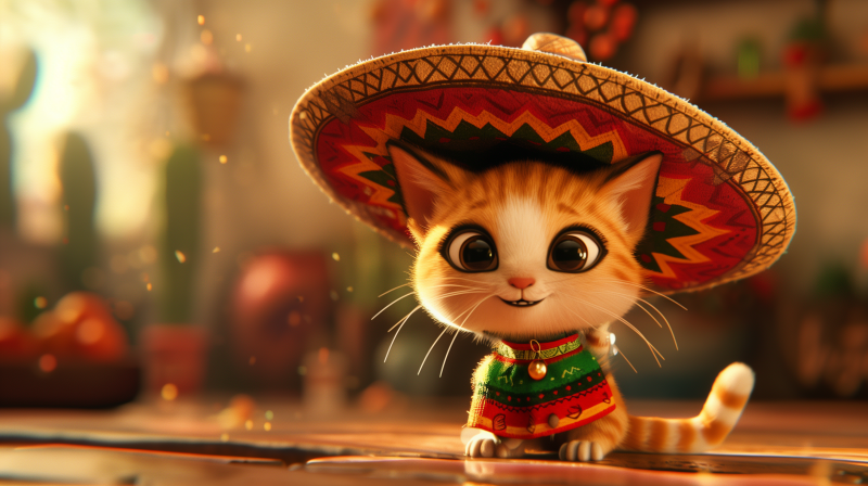 A cute animated cat character wearing a colorful sombrero and a traditional Mexican-style outfit.