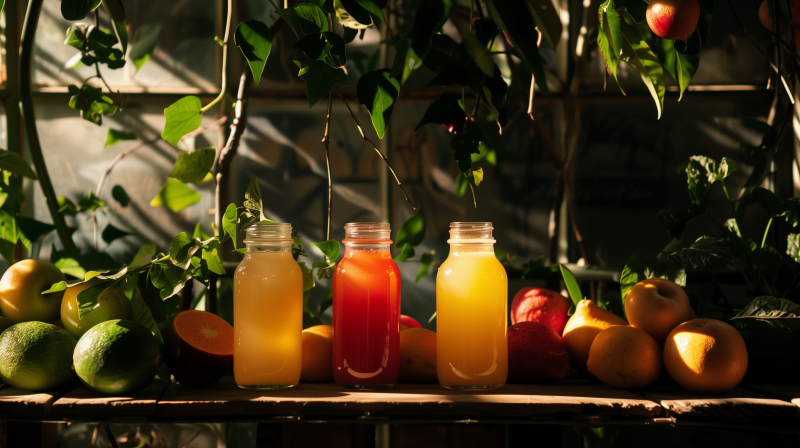 Three bottles of juice in yellow, orange, and red, placed on a wooden surface with assorted fruits and green foliage in the background.