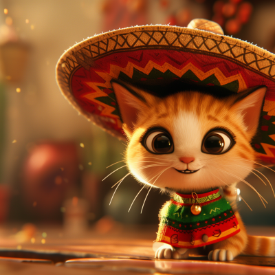 A cute animated cat character wearing a colorful sombrero and a traditional Mexican-style outfit.