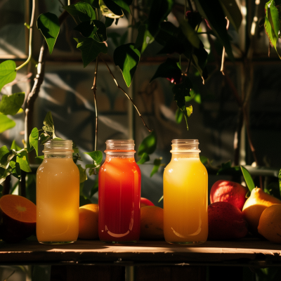 Three bottles of juice in yellow, orange, and red, placed on a wooden surface with assorted fruits and green foliage in the background.