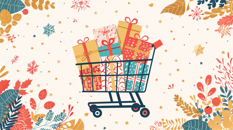 Illustration of a shopping cart filled with colorful gift-wrapped presents, surrounded by a festive background with stars, leaves, and abstract decorations.