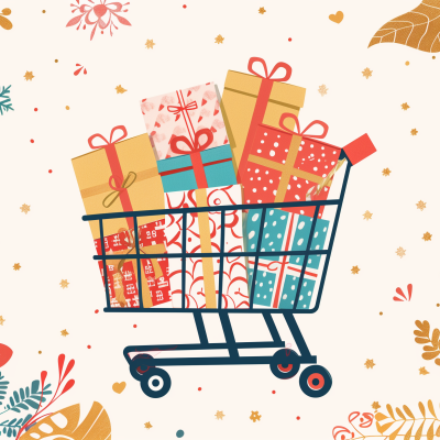 Illustration of a shopping cart filled with colorful gift-wrapped presents, surrounded by a festive background with stars, leaves, and abstract decorations.