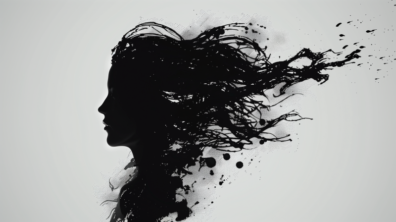 Silhouette of a woman with her hair flowing artistically, resembling ink splatters against a light background.