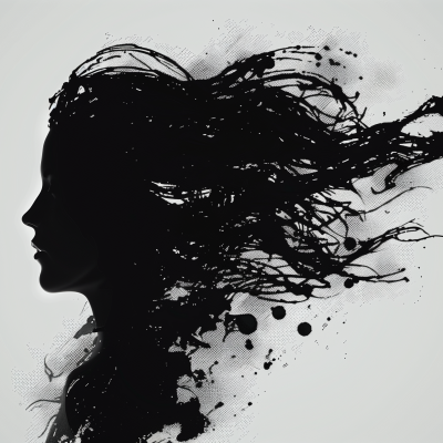 Silhouette of a woman with her hair flowing artistically, resembling ink splatters against a light background.