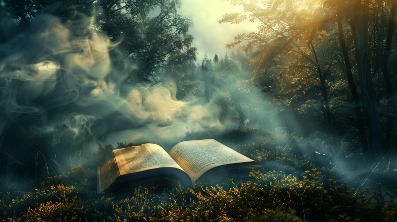 Open book on a bed of flowers in a mystical forest with light streams and swirling mist.