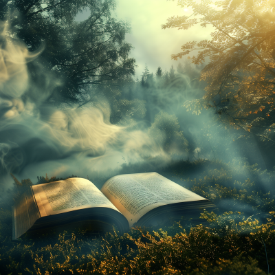 Open book on a bed of flowers in a mystical forest with light streams and swirling mist.