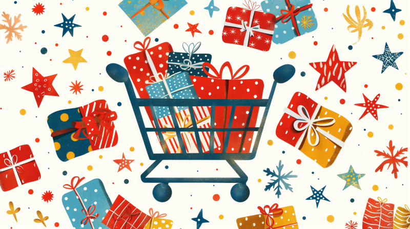 A shopping cart overflowing with colorfully wrapped gifts, surrounded by scattered presents, stars, and snowflakes.