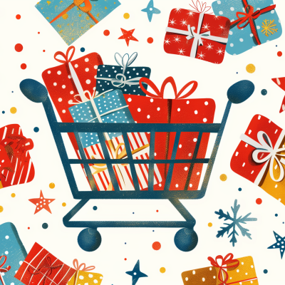 A shopping cart overflowing with colorfully wrapped gifts, surrounded by scattered presents, stars, and snowflakes.