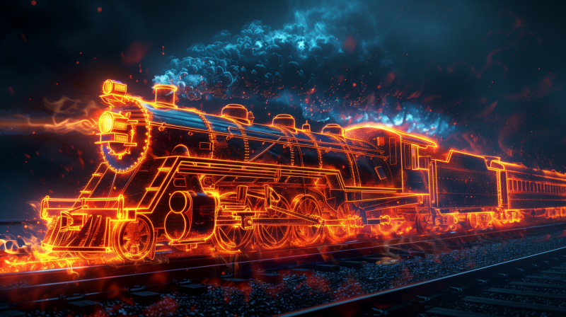 A visually striking digital artwork of a steam engine train outlined in neon lights, emitting a glowing, fiery aura against a dark background with a mystical cloud of particles above it.