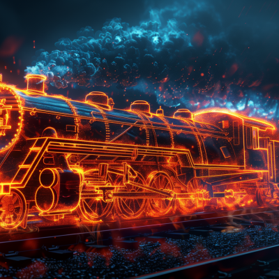 A visually striking digital artwork of a steam engine train outlined in neon lights, emitting a glowing, fiery aura against a dark background with a mystical cloud of particles above it.