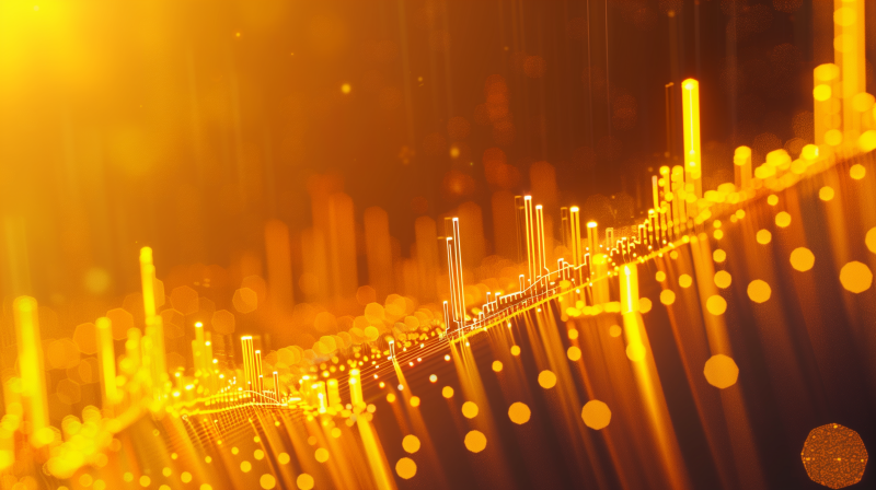 Abstract glowing stock market chart with upward trending lines on a golden background.