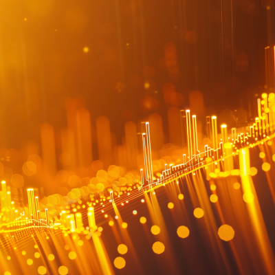 Abstract glowing stock market chart with upward trending lines on a golden background.