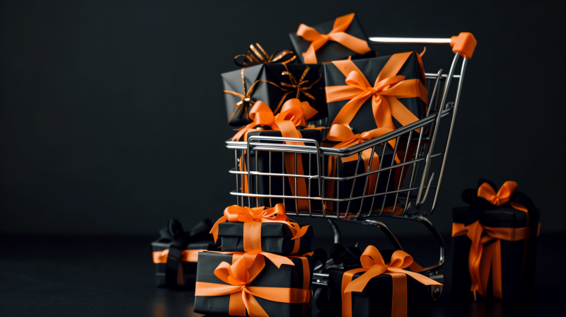 A shopping cart overflowed with beautifully wrapped gifts adorned with orange ribbons against a dark background.