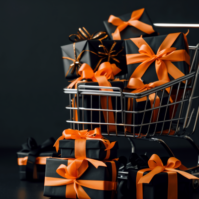 A shopping cart overflowed with beautifully wrapped gifts adorned with orange ribbons against a dark background.