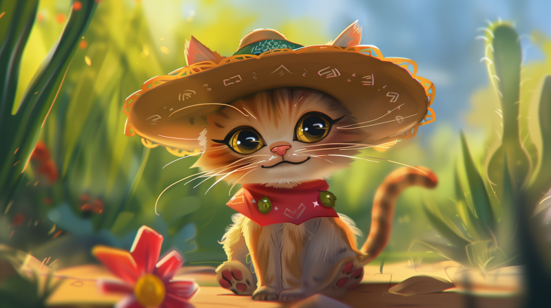 Cartoon illustration of an adorable cat wearing a sombrero and a red bandana, with a flower beside it, set against a sunny outdoor background.