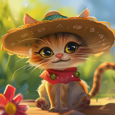 Cartoon illustration of an adorable cat wearing a sombrero and a red bandana, with a flower beside it, set against a sunny outdoor background.