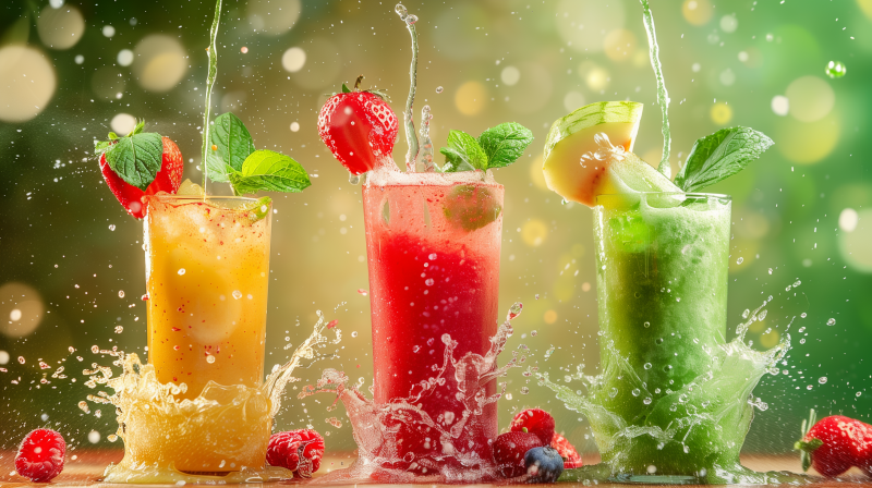 Three colorful fruit smoothies with dynamic splashes surrounded by fresh fruits and mint leaves, representing healthy refreshment.