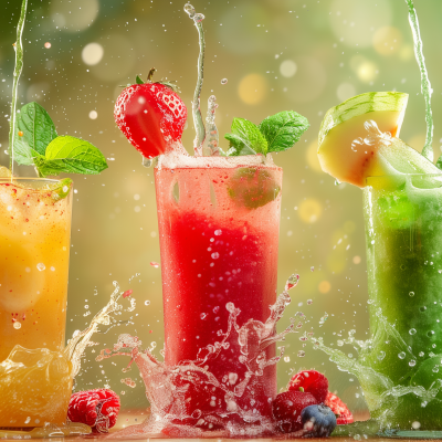 Three colorful fruit smoothies with dynamic splashes surrounded by fresh fruits and mint leaves, representing healthy refreshment.