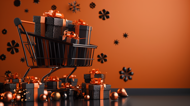 A shopping cart filled with stylishly wrapped gifts with orange ribbons, sitting against an orange background with decorative snowflakes, suggesting a festive shopping theme.