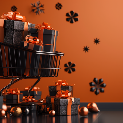 A shopping cart filled with stylishly wrapped gifts with orange ribbons, sitting against an orange background with decorative snowflakes, suggesting a festive shopping theme.