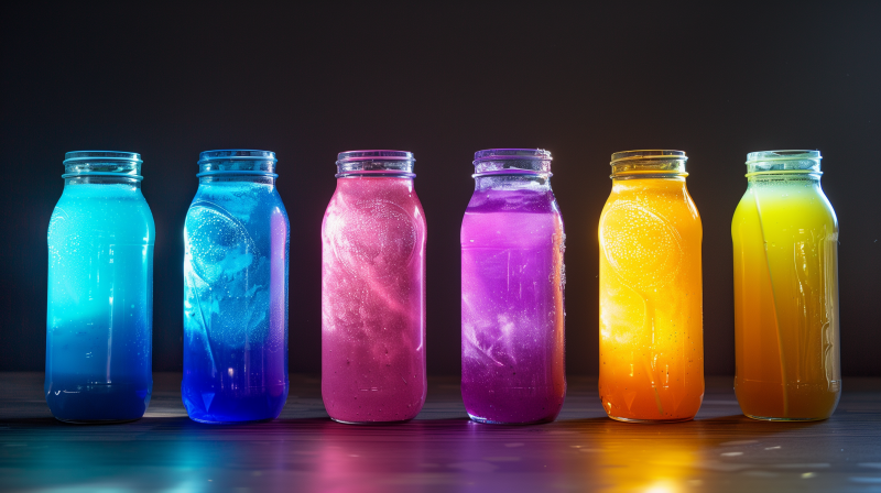 Four colorful juice-filled bottles glowing against a dark background.