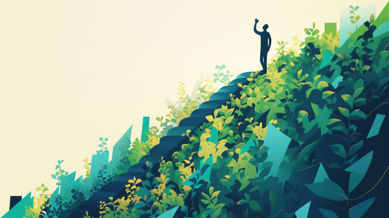 Illustration of a person standing victoriously at the top of a staircase covered with lush greenery and plants, symbolizing steps to success.