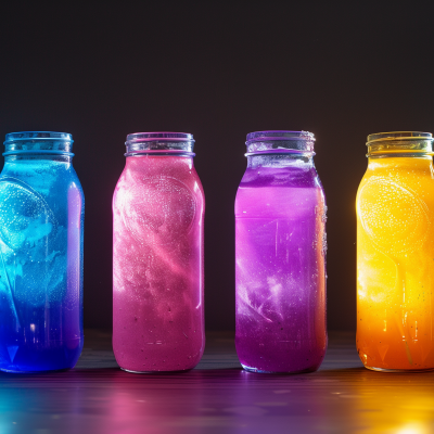 Four colorful juice-filled bottles glowing against a dark background.