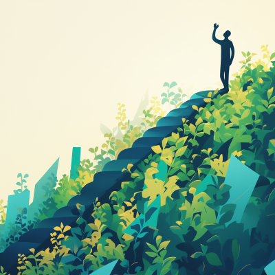 Illustration of a person standing victoriously at the top of a staircase covered with lush greenery and plants, symbolizing steps to success.