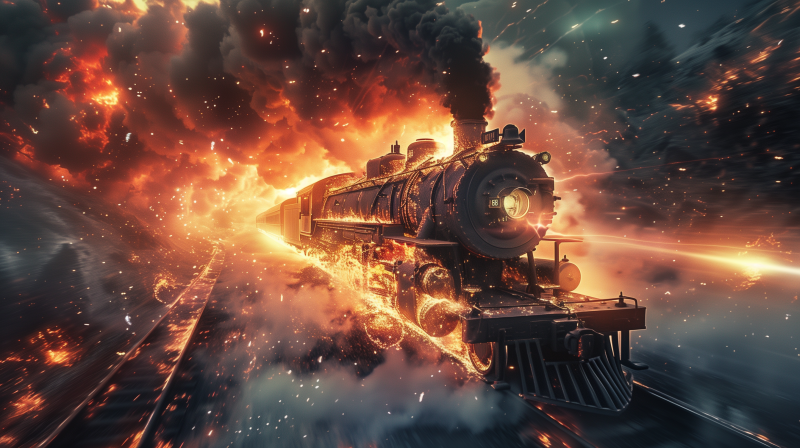 A dramatic image of a vintage steam engine train moving at speed, with fire and sparks along its wheels and a dark smoke plume against a fiery, vivid sky.