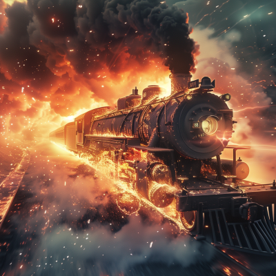 A dramatic image of a vintage steam engine train moving at speed, with fire and sparks along its wheels and a dark smoke plume against a fiery, vivid sky.