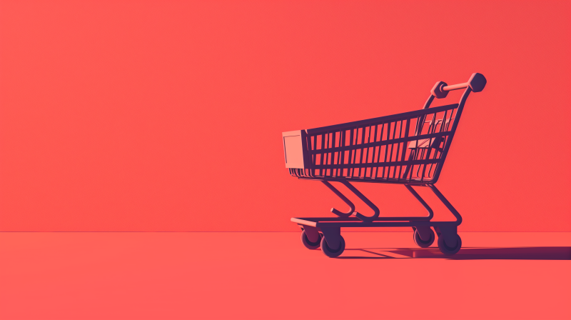 A stylized image of an empty shopping cart against a vibrant red background.