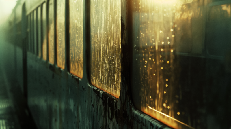 Close-up of an old, rusted window with scratches and weathered paint, backlit by warm sunlight.