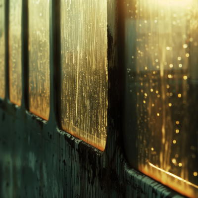 Close-up of an old, rusted window with scratches and weathered paint, backlit by warm sunlight.