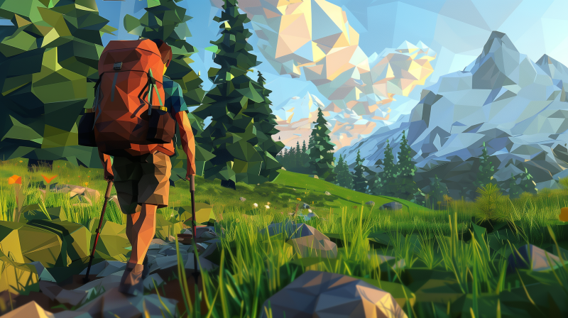 A hiker with a backpack trekking through a stylized, low-poly landscape with pine trees and mountains in the background.